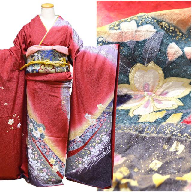 【レンタル】 お仕立付 手描き 京友禅 正絹 振袖 30点セット エンジ 成人式 ふりそで 振袖 袋帯 長襦袢 重ね衿 帯締 帯揚 草履 バッグ ショール 着付け小物 着物スリップ 足袋 【 振袖 振り袖 成人式 a21rg56235reset_1.jpg