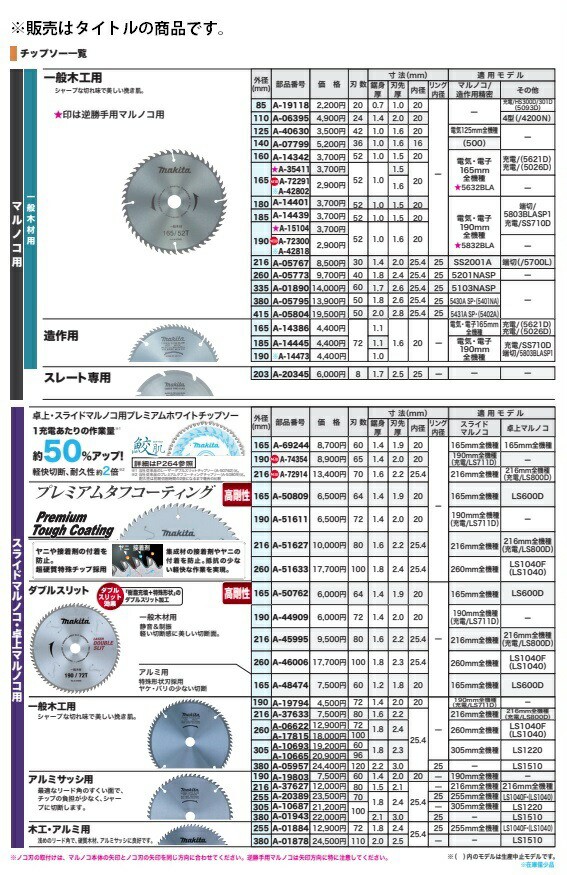 マキタ マキタ　軽快チップソー　A-72291×2枚　外径165mm刃数52　一般木工用