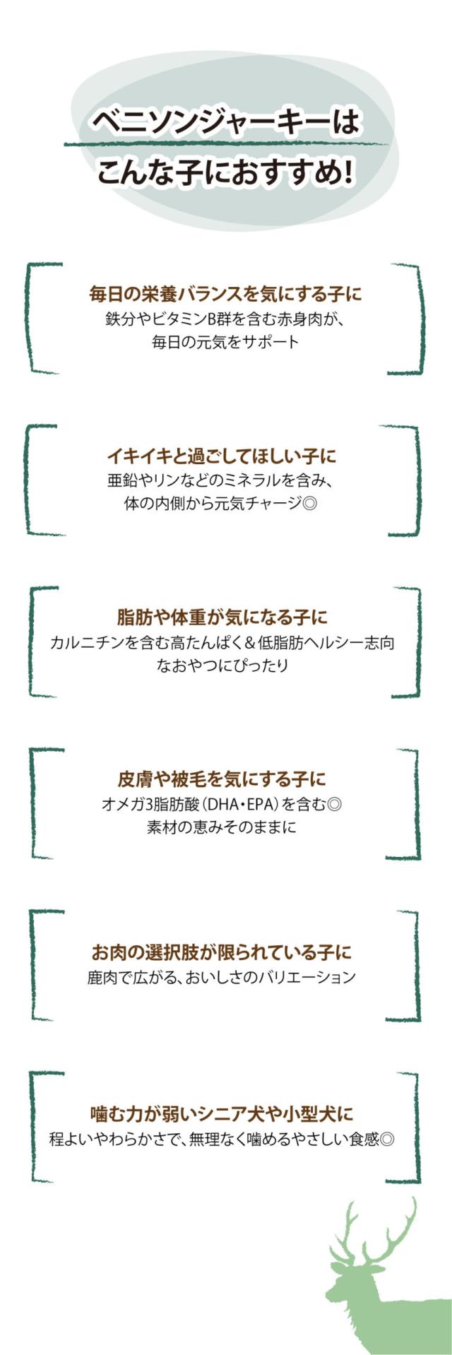 ベニソンジャーキーはこんな子におすすめ！　毎日の栄養バランスを気にする子に 鉄分やビタミンB群を含む赤身肉が、毎日の元気をサポート　イキイキと過ごしてほしい子に　亜鉛やリンなどのミネラルを含み、体の内側から元気チャージ◎　脂肪や体重が気になる子に　カルニチンを含む高たんぱく＆低脂肪ヘルシー志向なおやつにぴったり　皮膚や被毛を気にする子に　オメガ3脂肪酸（DHA・EPA）を含む◎　素材の恵みそのままに　肉の選択肢が限られている子に鹿肉で広がる、おいしさのバリエーション　噛む力が弱いシニア犬や小型犬や猫に　程よいやわらかさで、無理なく噛めるやさしい食感◎