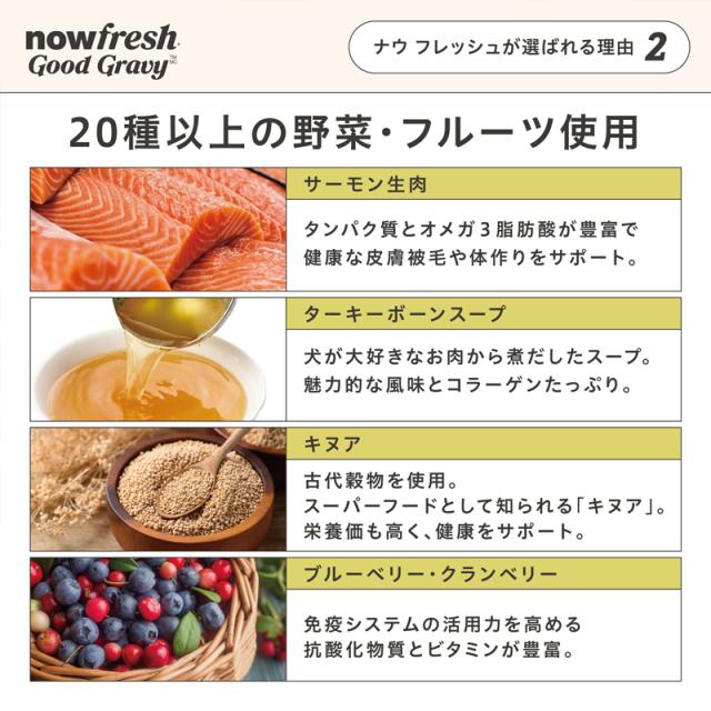 ナウフレッシュが選ばれる理由２　20種以上の野菜やフルーツを配合　・お腹の健康をサポートするプレバイオティクス・プロバイオティクスを配合　・栄養と食物繊維豊富なキヌアなどの「古代穀物」を使用　・レンダリングミートミール、肉副産物、遺伝子組み換え食品不使用　・人工保存料、香料、着色料不使用　（季節やロットによって、香りや色味が変化する場合がございます）
