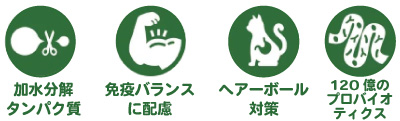 加水分解タンパク質・免疫バランスに配慮・ヘアーボール対策・120億のプロバイオティクス