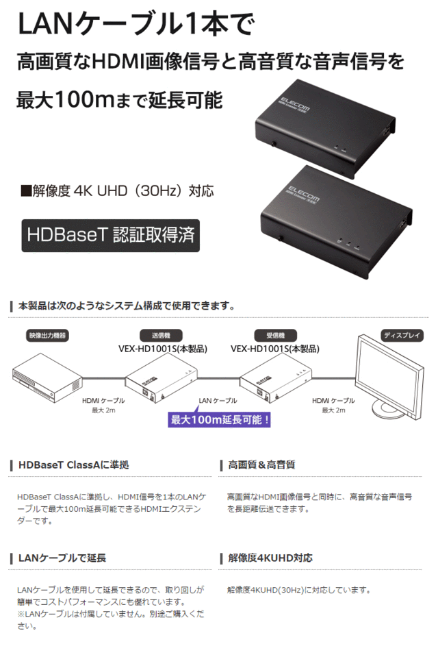 ELECOM エレコム 納期4月下旬 HDMIエクステンダー VEXHD1001Sの通販は