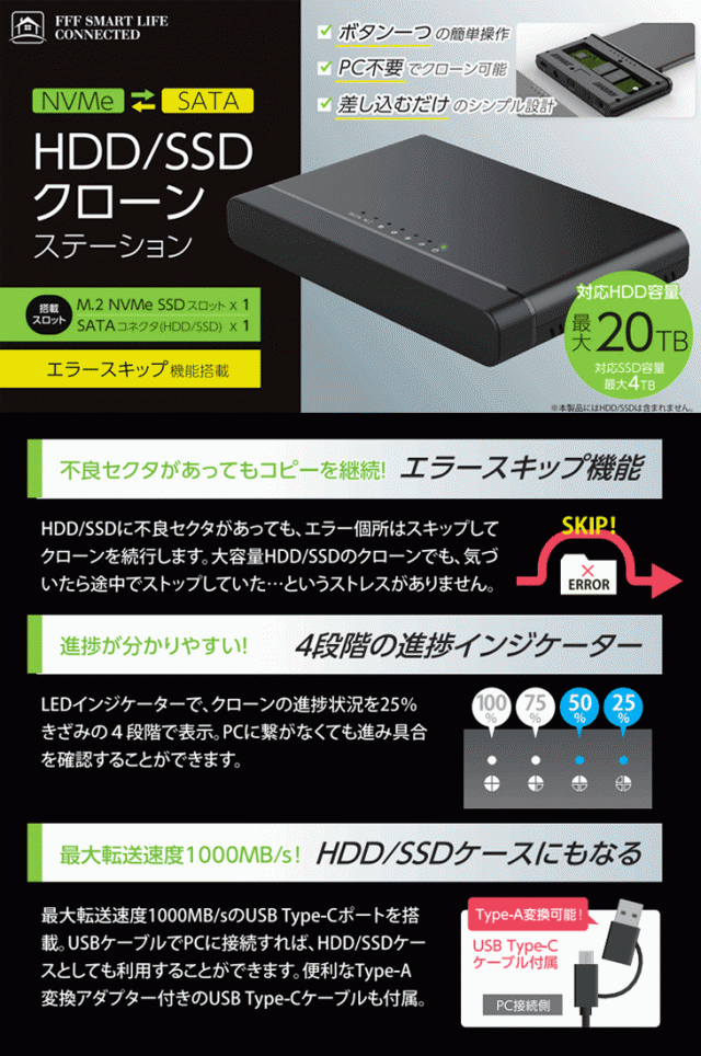 FFF SMART LIFE CONNECTED NVME⇔SATA HDD/SSD クローンステーション