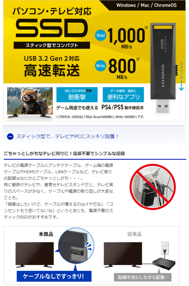 大好評売り IODATA SSPM-US1K/E USB3.2 Gen2対応 パソコン/ テレビ録画