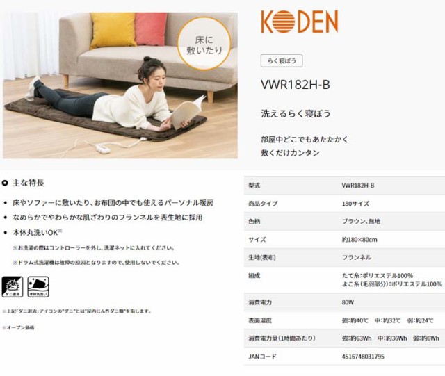 KODEN 広電 VWR182H-B 洗えるらく寝ぼう 180サイズ ブラウン、無地