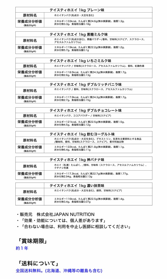 JAPAN NUTRITION ジャパンニュートリション テイスティホエイ 1kg プレーン味 原材料名
