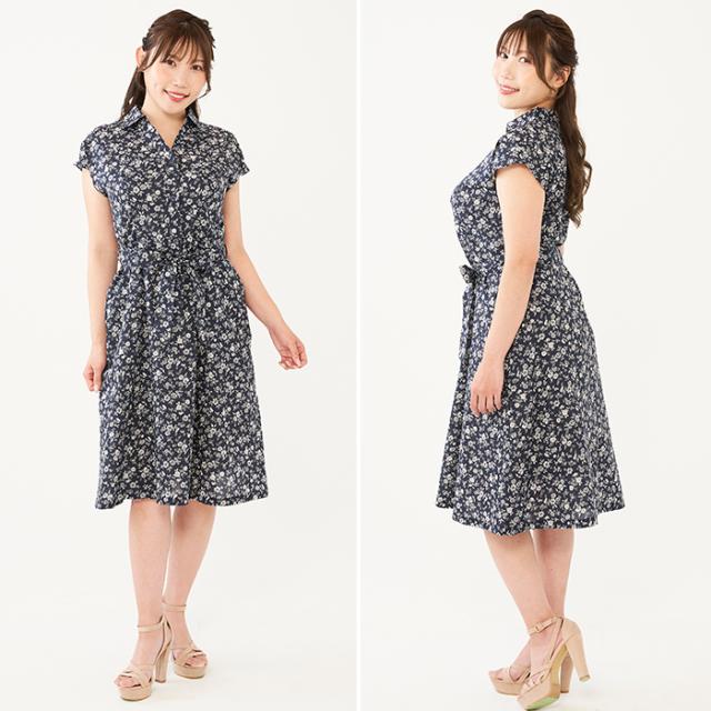 シャツワンピース フレンチスリーブ・中花ネイビー