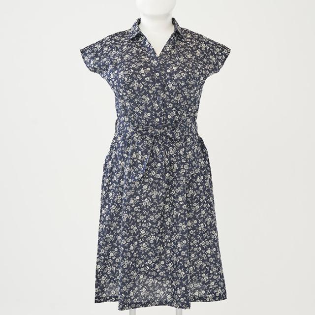 シャツワンピース フレンチスリーブ・中花ネイビー