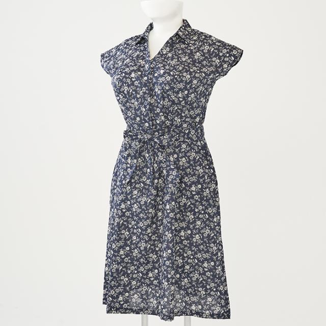 シャツワンピース フレンチスリーブ・中花ネイビー