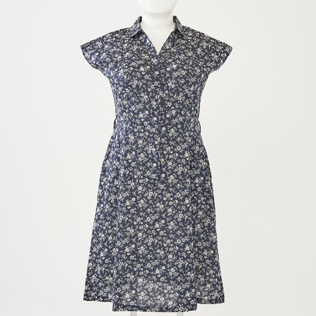 シャツワンピース フレンチスリーブ・中花ネイビー