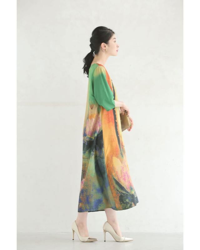 新作7月14日 朝露に濡れる蓮の花のミディアムワンピース cawaii w50532nc S~L対応 半端袖 花柄  アート柄 グリーン オシャレ 個性的 大人可愛い エレガント 上品 春服 春物 夏服 夏物 薄手 レディース ファッション ミセス 30代 40代 50代