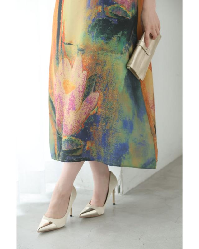 新作7月14日 朝露に濡れる蓮の花のミディアムワンピース cawaii w50532nc S~L対応 半端袖 花柄  アート柄 グリーン オシャレ 個性的 大人可愛い エレガント 上品 春服 春物 夏服 夏物 薄手 レディース ファッション ミセス 30代 40代 50代