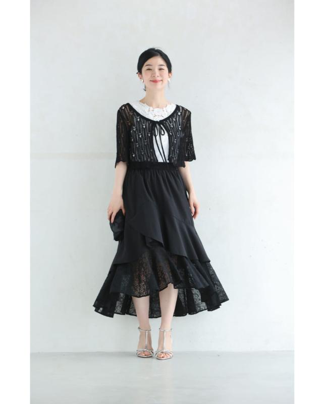 新作5月22日 （黒）ドレープレース揺らめく重なるランダム裾ミディアムスカート cawaii w61221ps S~L対応 ひざ下 変形 春 夏 おでかけ 旅行 パーティー 女子会 デート イベント お呼ばれ 軽やか レディース ファッション 大人 ママ ミセス 30代 40代 50代