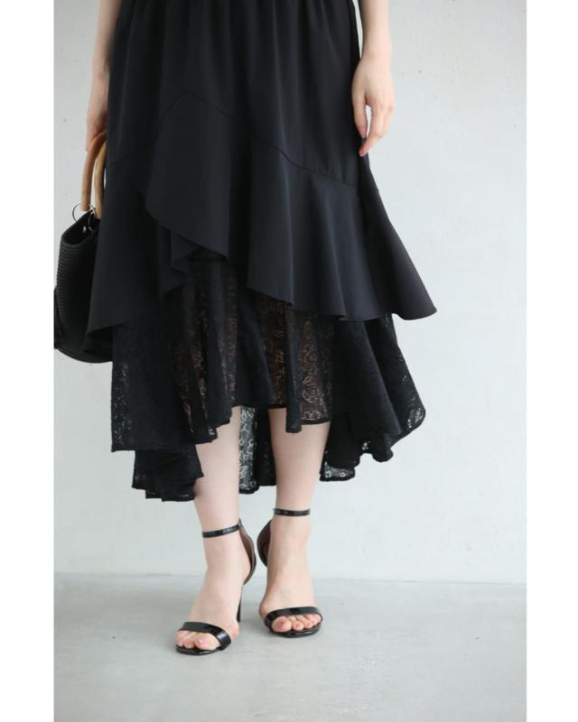 新作5月22日 （黒）ドレープレース揺らめく重なるランダム裾ミディアムスカート cawaii w61221ps S~L対応 ひざ下 変形 春 夏 おでかけ 旅行 パーティー 女子会 デート イベント お呼ばれ 軽やか レディース ファッション 大人 ママ ミセス 30代 40代 50代