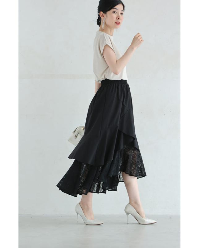 新作5月22日 （黒）ドレープレース揺らめく重なるランダム裾ミディアムスカート cawaii w61221ps S~L対応 ひざ下 変形 春 夏 おでかけ 旅行 パーティー 女子会 デート イベント お呼ばれ 軽やか レディース ファッション 大人 ママ ミセス 30代 40代 50代