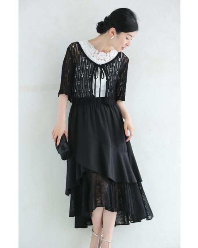 新作5月22日 （黒）ドレープレース揺らめく重なるランダム裾ミディアムスカート cawaii w61221ps S~L対応 ひざ下 変形 春 夏 おでかけ 旅行 パーティー 女子会 デート イベント お呼ばれ 軽やか レディース ファッション 大人 ママ ミセス 30代 40代 50代