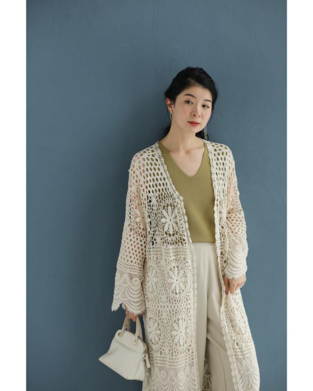 再入荷8月9日 美しい柄を纏うクロシェロングカーディガン cawaii w61298ps S~3L対応 羽織り 長袖 重ね着 冷房対策 ベージュ オシャレ 個性的 大人可愛い エレガント 上品 春 夏 綿100％ レディース ファッション ミセス 30代 40代 50代 再入荷8月9日 美しい柄を纏うクロシェロングカーディガン cawaii