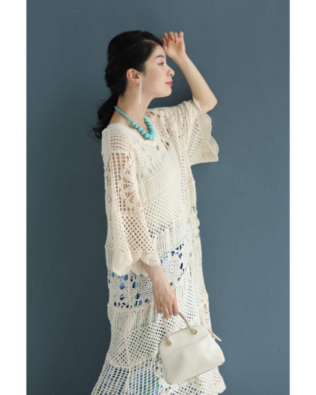 新作6月13日 重ねて可愛いクロシェミディアムワンピース cawaii w61303ps S~3L対応 半端袖 透かし編み 重ね着 ベージュ オシャレ 個性的 大人可愛い エレガント 上品 春服 春物 夏服 夏物 綿100％ レディース ファッション ミセス 30代 40代 50代 新作6月13日 重ねて可愛いクロシェミディアムワンピース cawaii