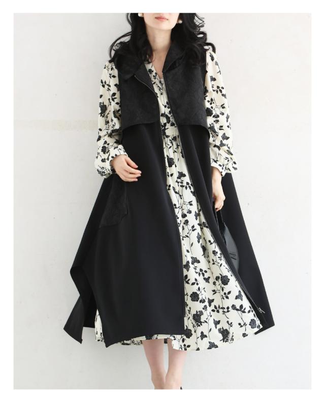 再入荷5月14日 （黒）上品とカッコいいの異素材合わせ。モードなジップアップロングベスト cawaii wkj00228 S~2L対応 羽織り 変形 フード付き ブラック オシャレ 個性的 大人可愛い エレガント 上品 春 夏 着回し 体型カバー レディース ファッション ミセス 30代 40代 50代