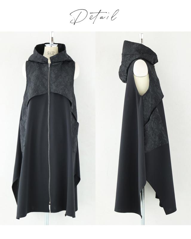 再入荷5月14日 （黒）上品とカッコいいの異素材合わせ。モードなジップアップロングベスト cawaii wkj00228 S~2L対応 羽織り 変形 フード付き ブラック オシャレ 個性的 大人可愛い エレガント 上品 春 夏 着回し 体型カバー レディース ファッション ミセス 30代 40代 50代