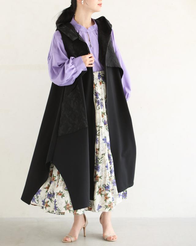 再入荷5月14日 （黒）上品とカッコいいの異素材合わせ。モードなジップアップロングベスト cawaii wkj00228 S~2L対応 羽織り 変形 フード付き ブラック オシャレ 個性的 大人可愛い エレガント 上品 春 夏 着回し 体型カバー レディース ファッション ミセス 30代 40代 50代