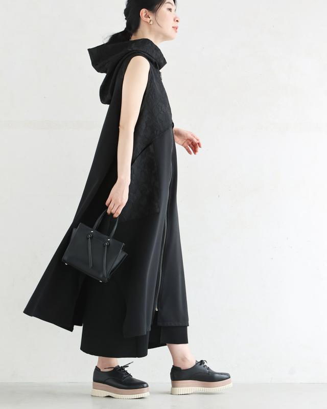 再入荷5月14日 （黒）上品とカッコいいの異素材合わせ。モードなジップアップロングベスト cawaii wkj00228 S~2L対応 羽織り 変形 フード付き ブラック オシャレ 個性的 大人可愛い エレガント 上品 春 夏 着回し 体型カバー レディース ファッション ミセス 30代 40代 50代