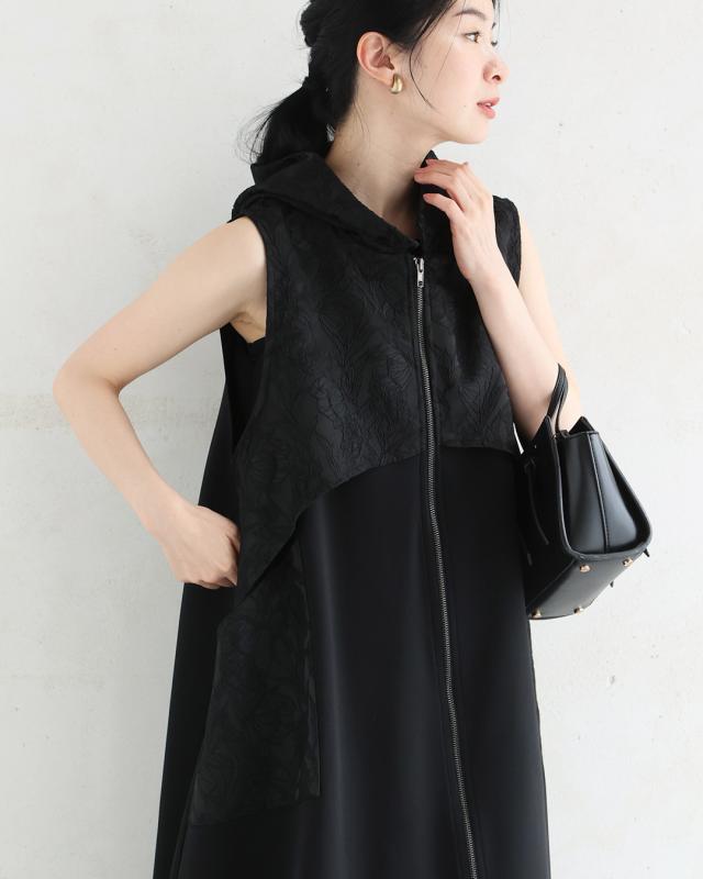 再入荷5月14日 （黒）上品とカッコいいの異素材合わせ。モードなジップアップロングベスト cawaii wkj00228 S~2L対応 羽織り 変形 フード付き ブラック オシャレ 個性的 大人可愛い エレガント 上品 春 夏 着回し 体型カバー レディース ファッション ミセス 30代 40代 50代