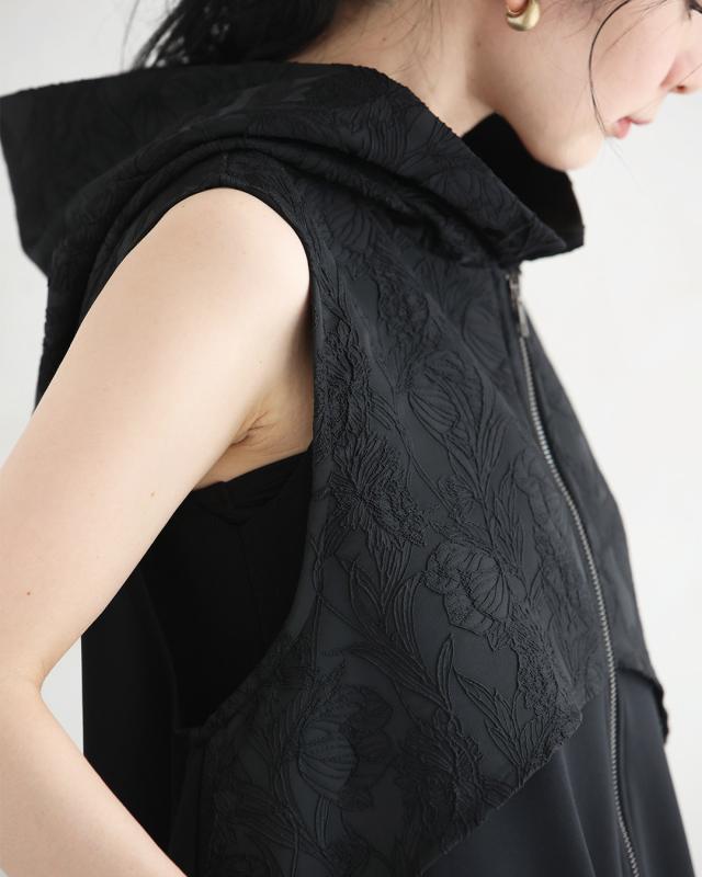 再入荷5月14日 （黒）上品とカッコいいの異素材合わせ。モードなジップアップロングベスト cawaii wkj00228 S~2L対応 羽織り 変形 フード付き ブラック オシャレ 個性的 大人可愛い エレガント 上品 春 夏 着回し 体型カバー レディース ファッション ミセス 30代 40代 50代