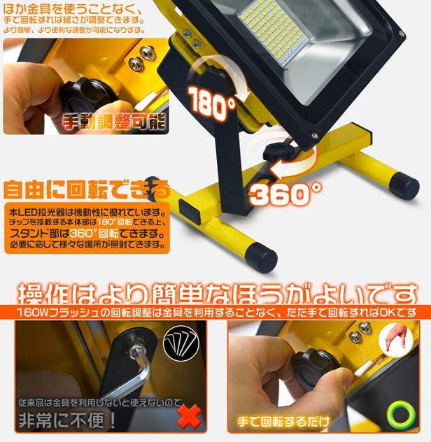 LED投光器 作業灯 160W＋16w爆発フラッシュ 19600lm 充電式 ポータブル投光器 MAX22時間点灯 多色発光モード スイッチ付き PSE  1個GYの通販はau PAY マーケット 光商事 au PAY マーケット－通販サイト