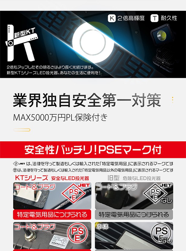 新型KTシリーズ LED投光器 50w led作業灯 アース付きプラグ 業界独自安全第一対策 PL 10750lm 2倍明るさ保証 昼光色  1個YHW-I2,980円 1年保証 3mコード PSE