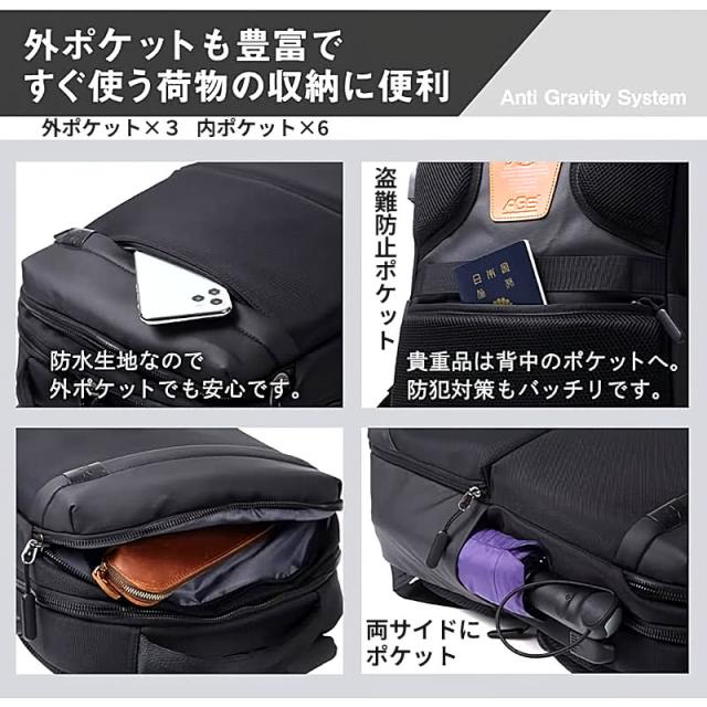 ATLA無重力リュックの豊富なポケット(全11個)と収納例。防水生地、外ポケット、盗難防止背面ポケット、サイドポケットなど、各ポケットの便利な使い道を示す画像。