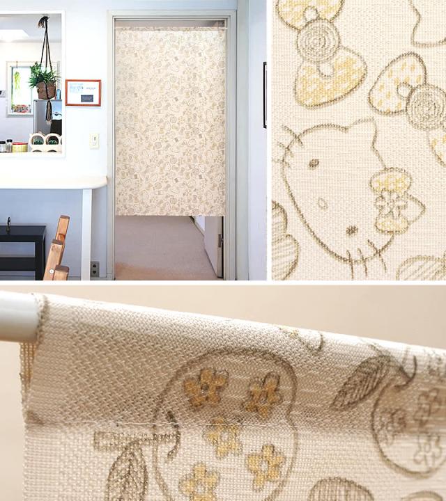 ハローキティのれん ラスティックチャーム キッチンと拡大とポールに付けた画像