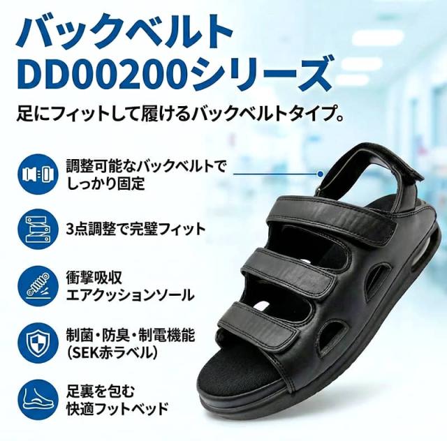 バックベルトDD00200シリーズ。足にフィットして履けるバックベルトタイプ。ブラック DD00103の特長解説画像です。