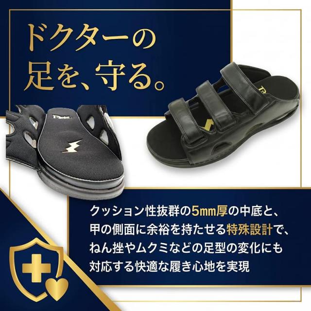 「ドクターの足を守る。」というキャッチコピーとともに、サンダルのフルオープン状態と通常状態の商品写真が配置された画像。快適な履き心地を実現することを説明しています。