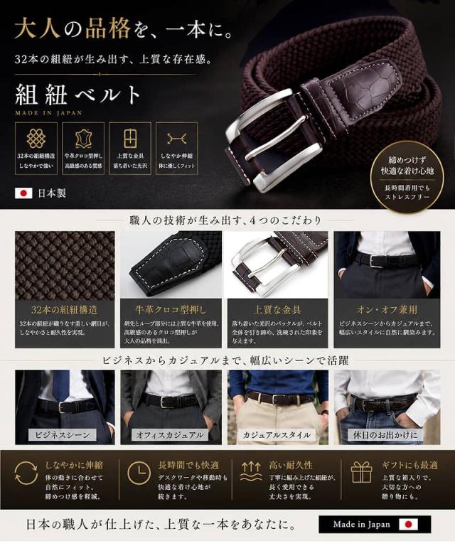 長時間のデスクワークや移動も快適な極上のフィット感。32本の組紐を緻密に編み上げた伸縮性と、どこでも留まる無段階調節機能の解説。