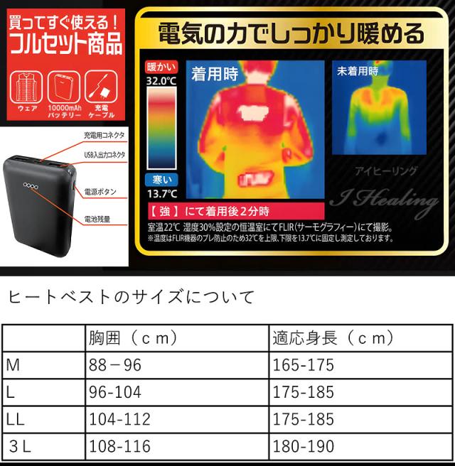 電気の力でしっかり暖める 買ってすぐ使えるフルセット商品 ヒートベストのサイズ