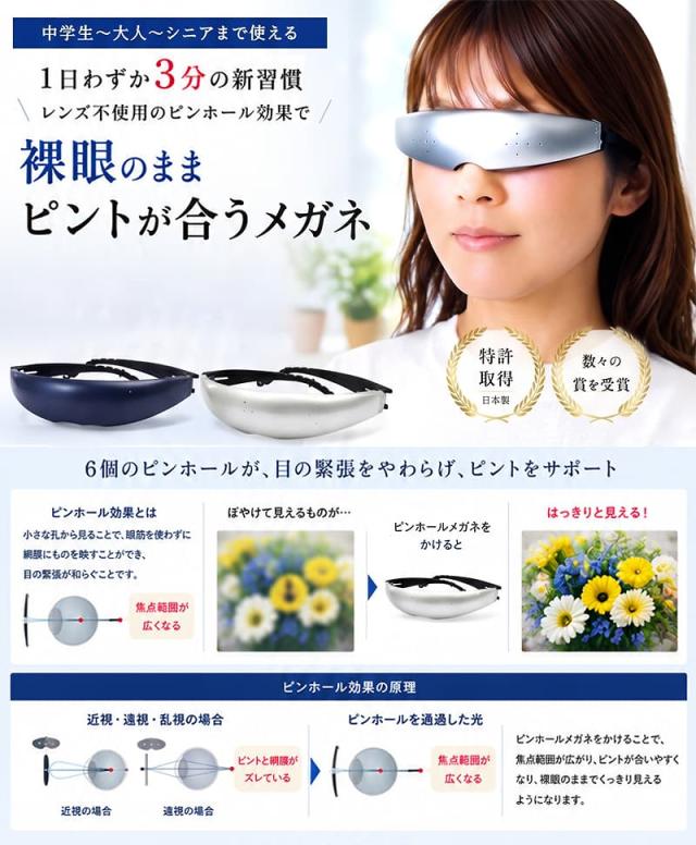 裸眼のままピントが合うピンホールメガネ『ネミールワイド』の紹介画像。女性の着用イメージと、ネイビー・シルバーの商品。1日わずか3分、レンズ不使用のピンホール効果で目の緊張をやわらげる仕組みを、ビフォーアフターの視界イメージと原理の図解で説明。