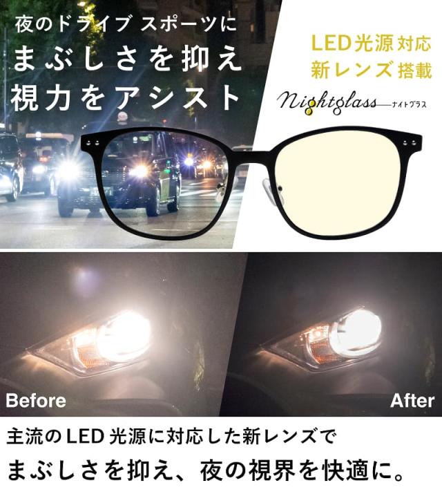 ナイトグラスLED スマート ブラックイメージと効果比較。夜のドライブやスポーツでまぶしさを抑え視力をアシスト。