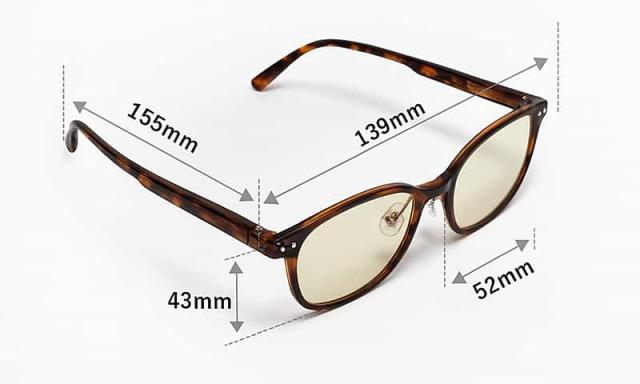 ナイトグラスLED スマート ブラウンデミのサイズ詳細図。フレーム幅139mm、テンプル(つる)の長さ155mm、レンズ幅52mm、レンズ天地幅43mm。購入前のサイズ確認用。