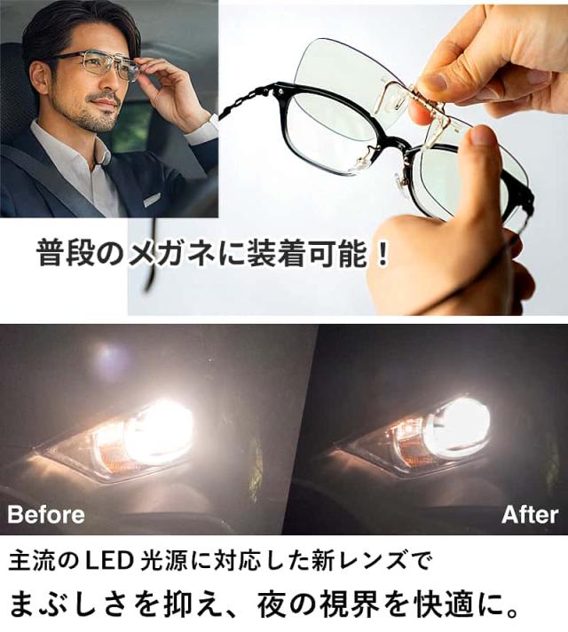 ナイトグラスLED クリアジャケットの装着イメージと防眩効果の比較。上部:手持ちの眼鏡にクリップで簡単に取り付けている写真。「普段のメガネに装着可能」と表記。下部:対向車のLEDヘッドライトの見え方比較。裸眼(Before)の刺すような眩しさと、レンズ越し(After)の和らげられた光。夜の視界を快適にする新レンズの効果を実証。