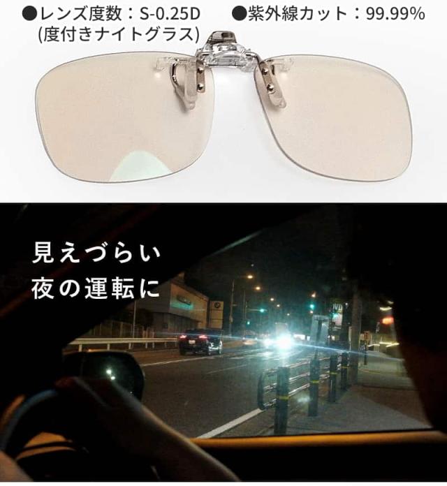 ナイトグラスLED クリアジャケット(クリップオン)の正面写真と夜間運転の悩みイメージ。レンズ度数S-0.25D(度付きナイトグラス)、紫外線カット99.99%のスペック表記。対向車のヘッドライトが眩しい「見えづらい夜の運転に」対応する、普段のメガネに装着可能な夜用レンズ。