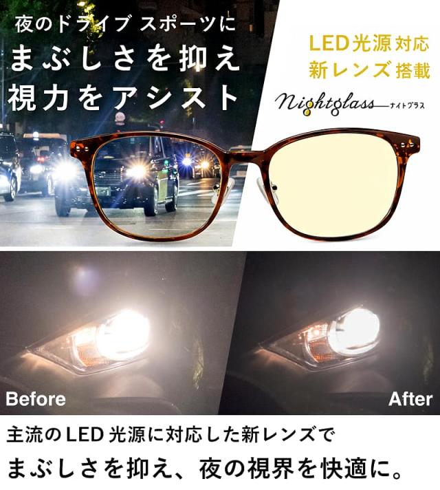 ナイトグラスLED スマート ブラウンデミイメージと効果比較。夜のドライブやスポーツでまぶしさを抑え視力をアシストする東海光学の夜用眼鏡。LED光源対応新レンズ搭載。車のヘッドライトのまぶしさ軽減Before/After比較写真。