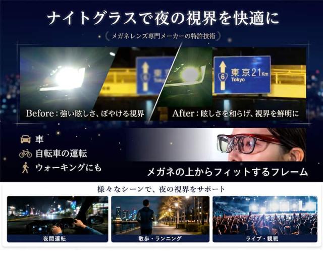 ナイトグラスで夜の視界を快適に。LEDヘッドライトの強い眩しさを和らげ、ぼやける視界を鮮明にする特許技術。車や自転車の運転、ウォーキング、散歩、ライブ観戦など様々なシーンをサポート。