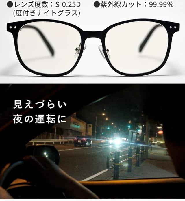 ナイトグラスLED スマート ブラック正面写真と夜間運転の悩みイメージ。レンズ度数S-0.25D、紫外線カット99.99%。