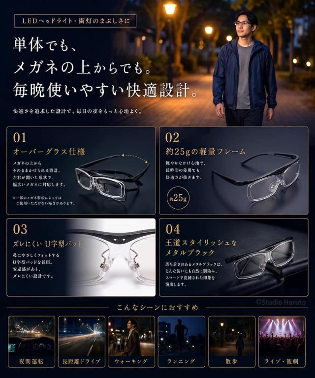毎晩使いやすい快適設計のナイトグラスLED フリー メタルブラック。