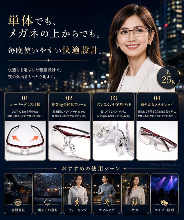 単体でも、メガネの上からでも毎晩使いやすい快適設計。オーバーグラス仕様、約25gの軽量フレーム、
