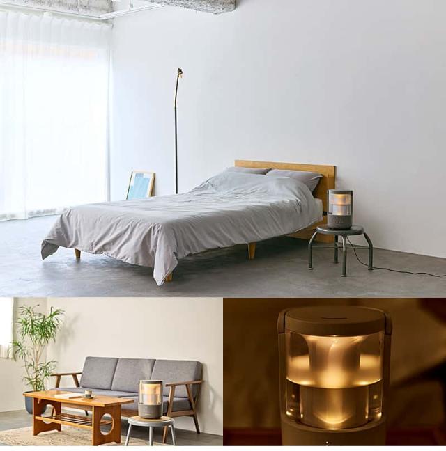 RHYTHM MIST 250加湿器の利用シーンを複数掲載したコラージュ画像。ベッドサイドやリビングに置かれたウォームグレーの本体が、光とミストで空間を演出する様子。