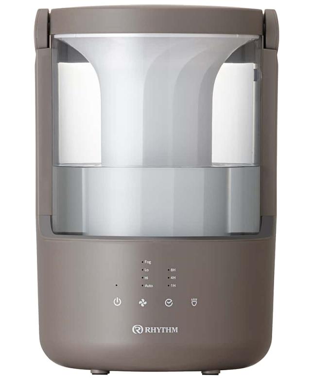 RHYTHM MIST 250加湿器のウォームグレーモデルの正面画像。タンクの水の残量と、運転モードやタイマー設定を示す操作パネル。