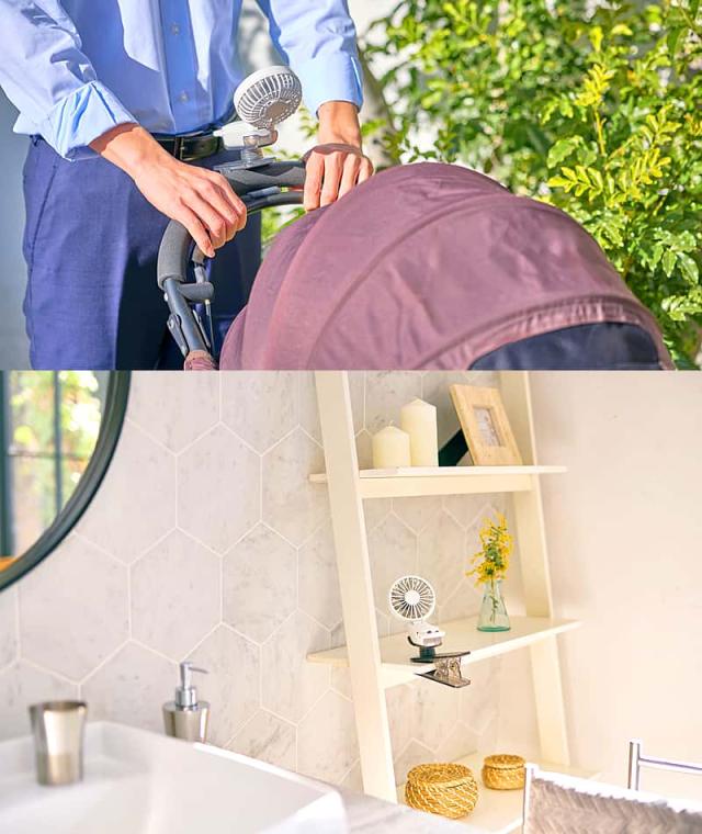 マルチクリップを使ったSilky Wind Mobile 4の活用シーン。上段はベビーカーを押しながらファンを使用している様子。棚にファンを固定している様子。