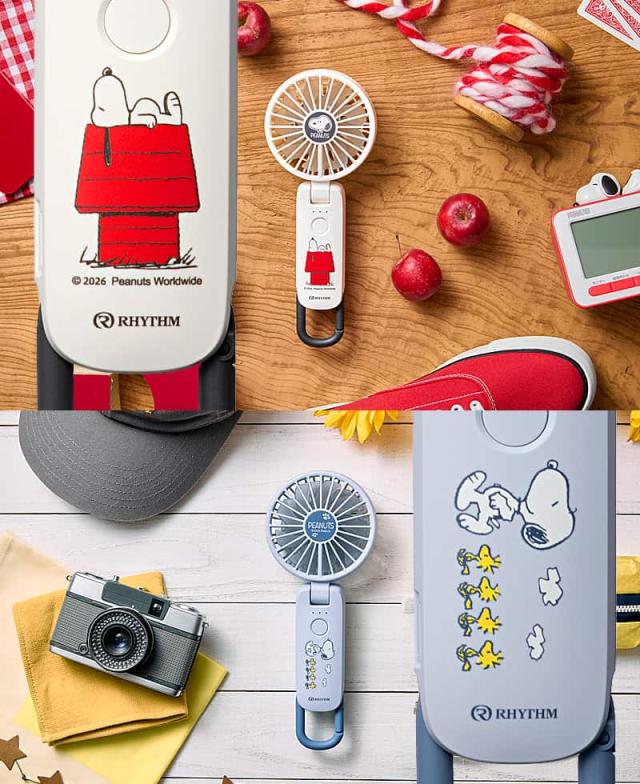 シルキーウィンドモバイル4スヌーピーモデルのデザイン詳細。赤いドッグハウスでお昼寝するスヌーピーを描いたホワイトと、ウッドストックとお散歩するスヌーピーを描いたブルーのハンディファン。